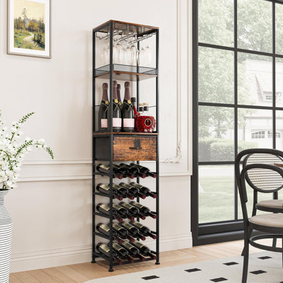Black/Antique Modular Split Wine Rack, Freestanding 40-Bottle With Glass Holder, Drawer & Adjustable Feet For Home Bar