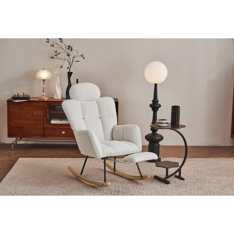 Chaise berçante rembourrée en tissu avec coussin, repose-pieds et dossier haut Teddy