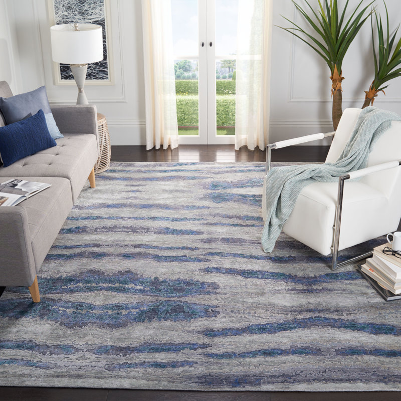 Tapis abstrait gris / bleu marine noué à la main, Rectangle 6 pi x 9 pi