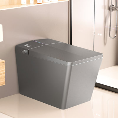 Toilette bidet avec réservoir intégré, conception carrée, télécommande, chasse d'eau automatique, siège chauffant, lavage féminin, capteur de pied intelligent gris mat, eau chaude instantanée, mémoire utilisateur, fonctions de nettoyage multiples