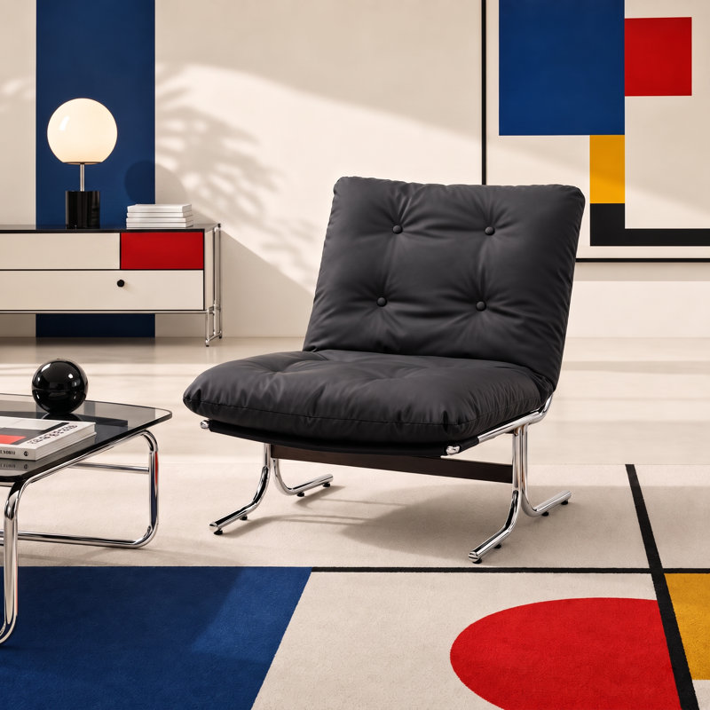 Mid-Century Modern Faux Leather Bauhaus Inspired Chrome Leg Lounge Chair, Matte Black
