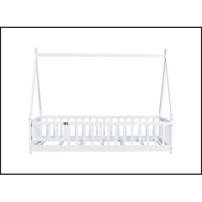 Twin Tent-Shaped Floor Bed,Teepee Bed With Guardrails,Slats And Door,White