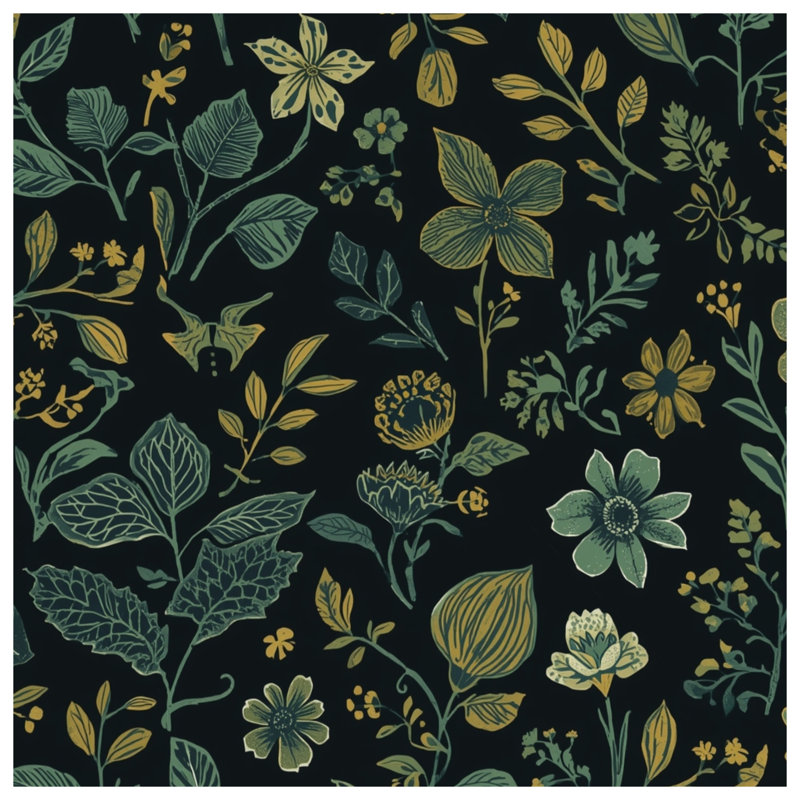 Botanical Floral Pattern Blankets, 60in W x 80in H, Dark Green Light Gold