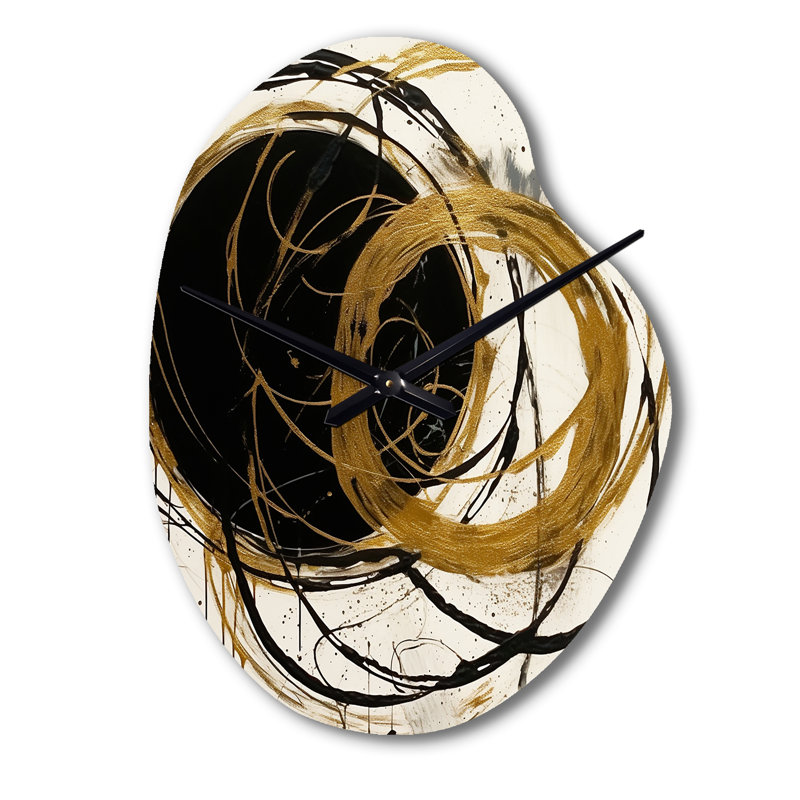 «Black And Gold The Art Of Chaos I» - Peinture abstraite horloge murale asymétrique en métal, impression d'horloge de forme unique noire