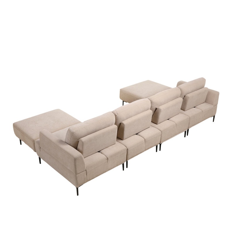 Upholstery Sofa With 2Pcs Stool, Beige, 33" H x 129" W x 71" D, 4