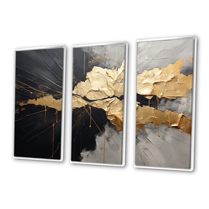 «Black and Gold Abstract Meditation I», ensemble d'art mural abstrait, H 32 po x l 48 po x P 1 po, Cadre flottant blanc
