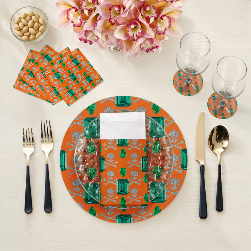 Gem Emeralds Skull Cotton Sateen Cocktail Napkins, Orange