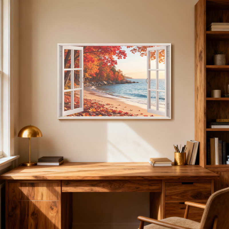 Paysage et nature, feuilles d'automne, plage, océan, coucher de soleil, fenêtre, H 12 po x l 18 po