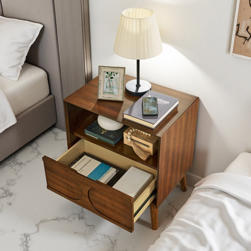 Mid Century Modern Fluted Nightstand With Charging Station, Walnut Finish | Solid Wood Legs & Open Space Design