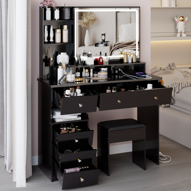 41" Vanity Table With LED Mirror And Storage For Large Space, Black