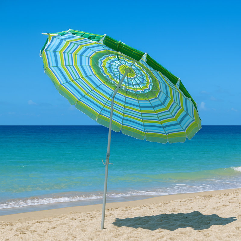 Parasol de plage 8 'à rayures bleues et vertes avec ancre sable