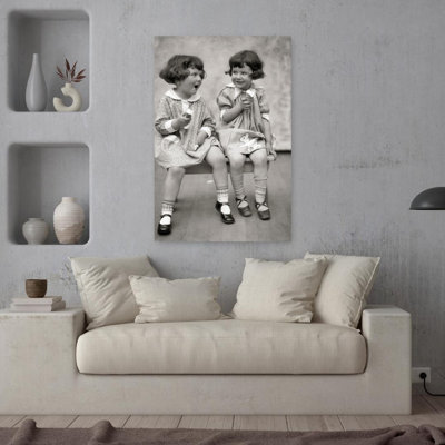 1920S Two Little Girls Sitting On Bench Eating Ice Cream Cones And Talking Classic Retro Vintage Portrait Wall Art