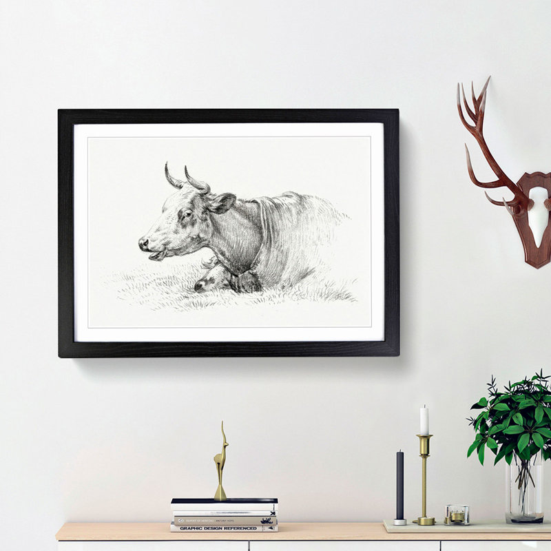 A Resting Cow by Jean Bernard - Framed Print, 24cm H x 33cm W x 2cm D, Black Framed