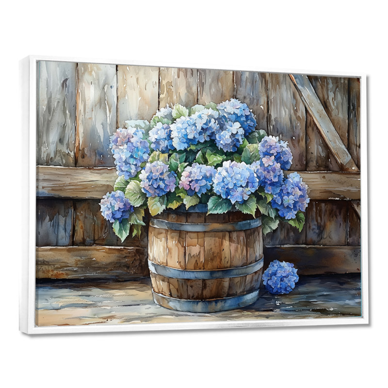Hortensias dans un tonneau en bois - Art mural hortensias, H 12 po x l 20 po, Impression encadrée flottante, Blanc