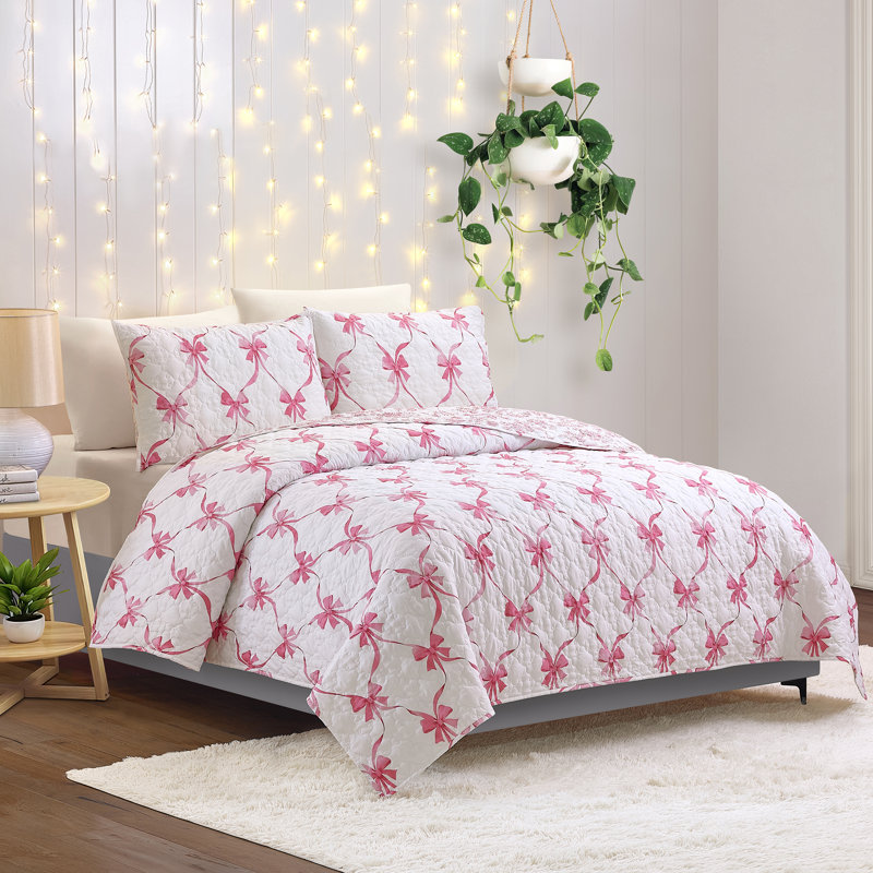 Ensemble de courtepointe légère réversible Abigail Bow, Courtepointe pour lit double/grand et 2 taies déc, Rose