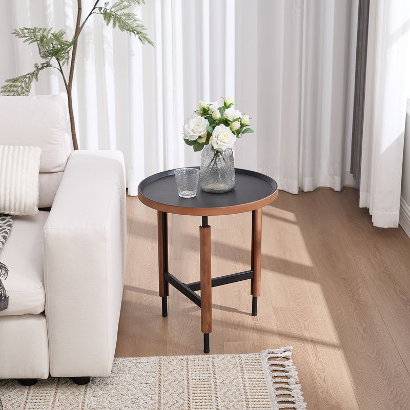 Modern Side Table - 19.5" Black Iron & Brown Wood - Adjustable Feet - Living Room End Table
