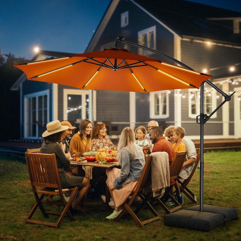 Parasol en porte-à-faux de 120 po, parasol de patio suspendu décalé de 10 pi avec 32 lumières DEL et inclinaison facile, abat-jour de parasol extérieur commercial pour la cour, la piscine, la plage et le jardin