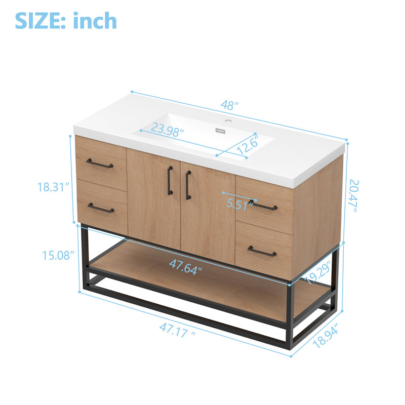 Meuble-lavabo simple autoportant 48 po avec comptoir en résine et structure en métal noir