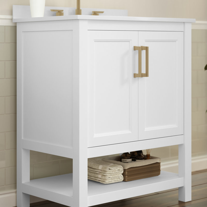 Ensemble de meuble-lavabo simple autoportant avec lavabo encastré et tablette de rangement ouverte Ajmer, Blanc, Doré