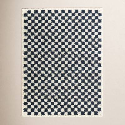 Walker Navy Blue White Checkered Shag Rug