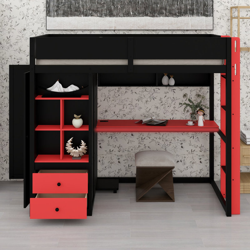 Lit mezzanine avec bureau, armoire et éclairage contrôlé par application pour les configurations de jeu, Lit simple
