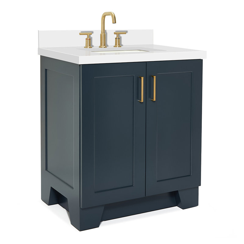 Meuble-lavabo simple en bois massif de 30 po de couleur bleu nuit avec comptoir en quartz Carrara blanc de 1,5 po Freitas