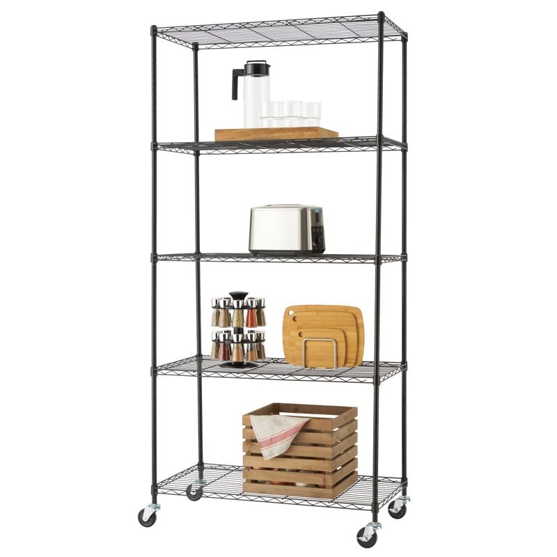 Black 5-Tier Steel Wire Shelving Unit with Wheels, 18"L x 36"W x 76"H