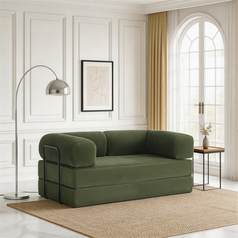 Upholstered Compression Green Corduroy Convertible Sleeper Sofa Bed - Foldable Floor Couch With No Assembly, Green