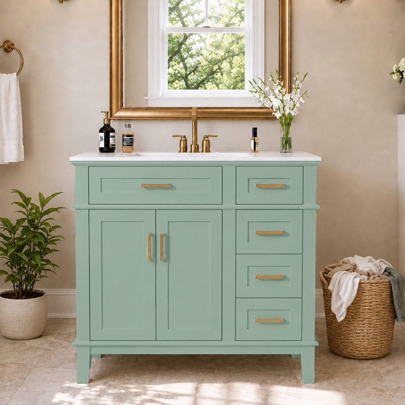 Meuble-lavabo moderne vert clair 36 po avec lavabo en céramique, porte à fermeture douce et 4 tiroirs de rangement 36 po 