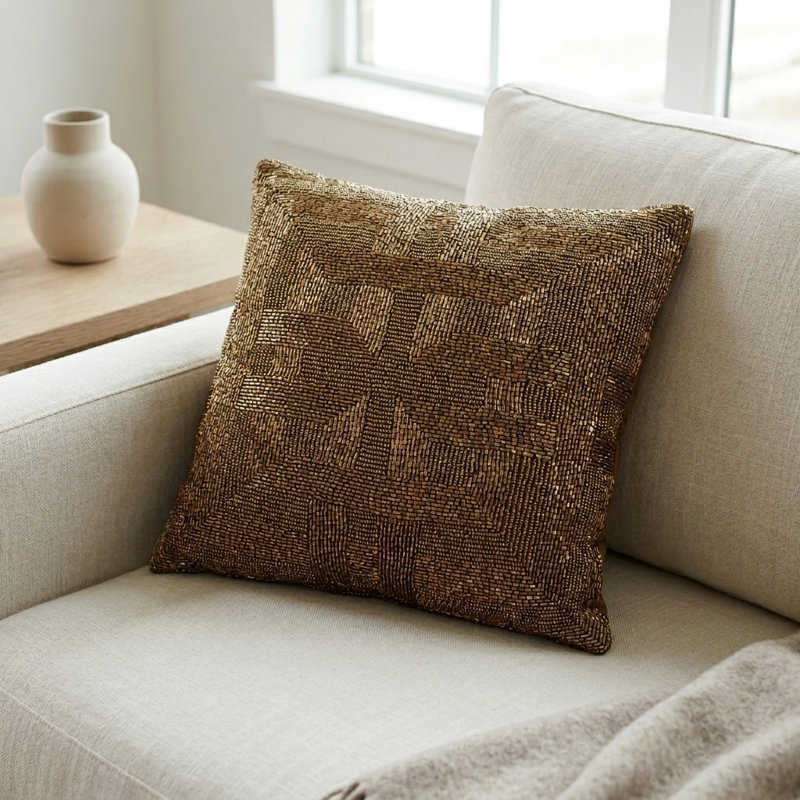 Venice Beaded Square Cotton Throw Pillow (Cover & Insert), Gold