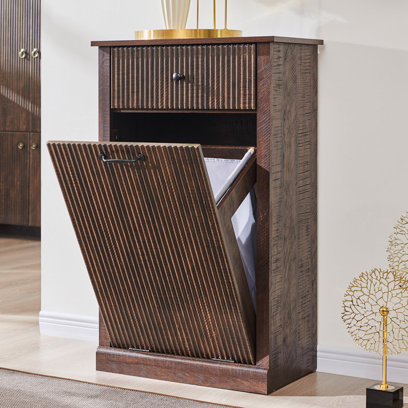  Modern Tilt Out Laundry Hamper Cabinet,10 Gallon Fluted Wooden Garbage Can Cabinet with Drawers  (Includes 1pc laundry basket)