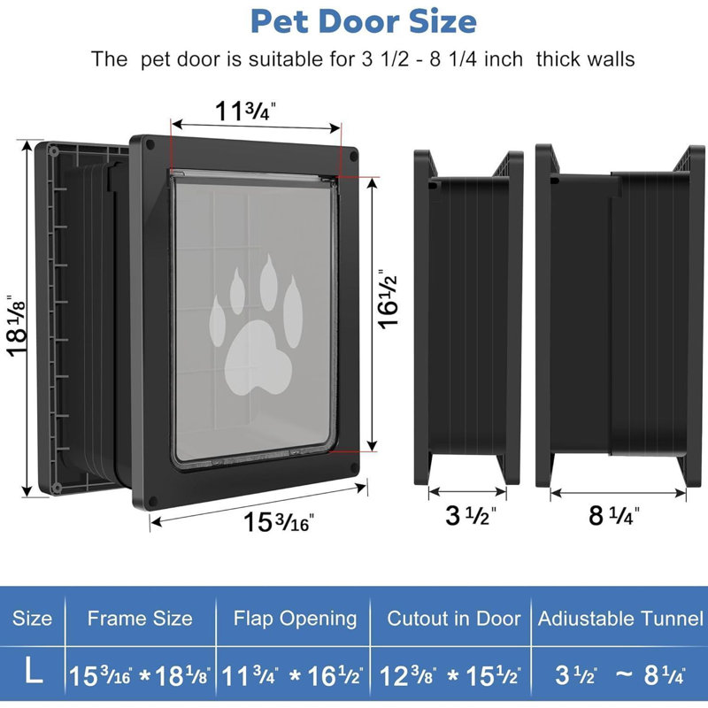 Large Dog Door for Wall, Weatherproof Pet Door for Cats and Dogs Up to 100 lb, Durable, Telescoping Tunnel, Snap-in Closing Panel Included (Large)
