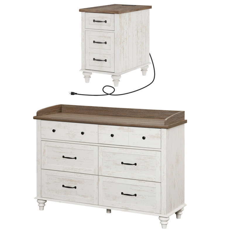 Ensemble de commode Scarlett 2 pièces, une commode et une table de chevet, Blanc antique / brun