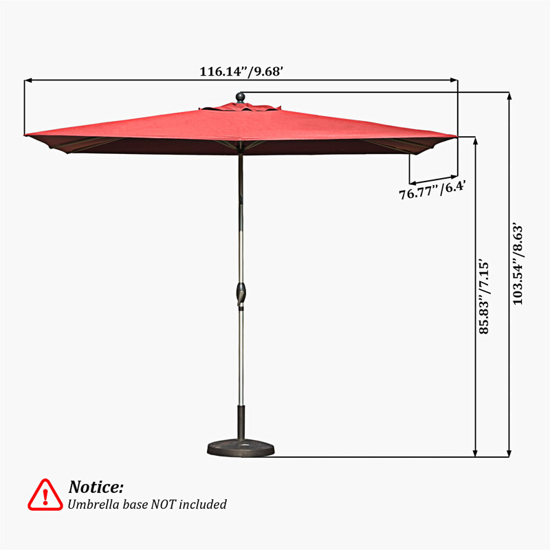 Parasol de patio rectangulaire avec fonction d'inclinaison à manivelle, base en brique non incluse, Rouge brique