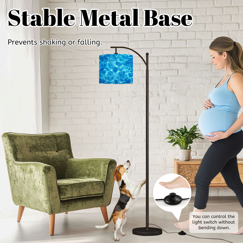 Lampe sur pied à arc avec abat-jour réglable, surface d'eau bleue, reflets de la lumière du soleil, lampe sur pied, 3 couleurs, intensité variable, haute lampe sur pied avec interrupteur au pied pour la chambre à coucher