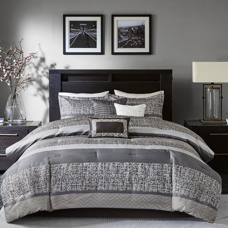 Literie très grand gris / taupe - 7 pièces d'édredon en tissu respirant à motif cachemire, Gris/taupe