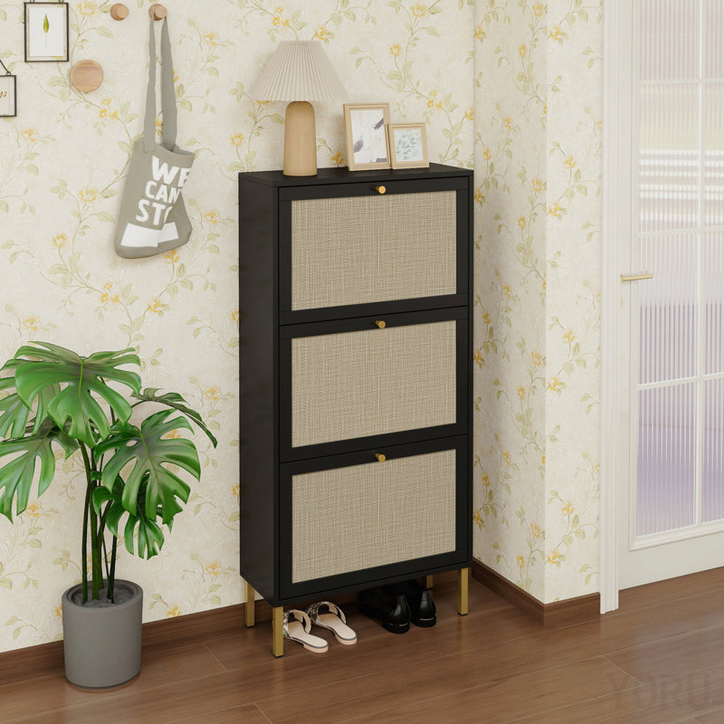 Range-chaussures 3 portes en rotin, moderne - standard, Black