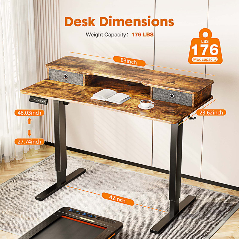 Bureau debout à hauteur ajustable Marzena, H 52 po x l 62 po x P 23 po, Brun / noir