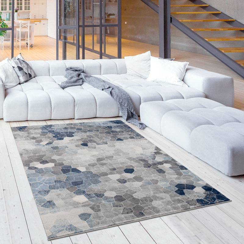 Chapeno Geometric Navy/Gray Area Rug, Rectangle 5'3" x 7'7"