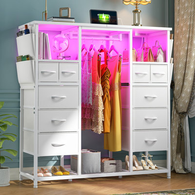 51.2" Wide Dresser With 10 Drawers, Built-in Clothing Rack, Usb Charging Station & Led Shoe Storage