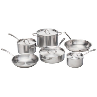 Batterie de cuisine en acier inoxydable brossé 5 épaisseurs Kitchara - Compatible avec les surfaces de cuisson au four et à induction - Ensemble de 10 casseroles et poêles de qualité professionnelle avec couvercles