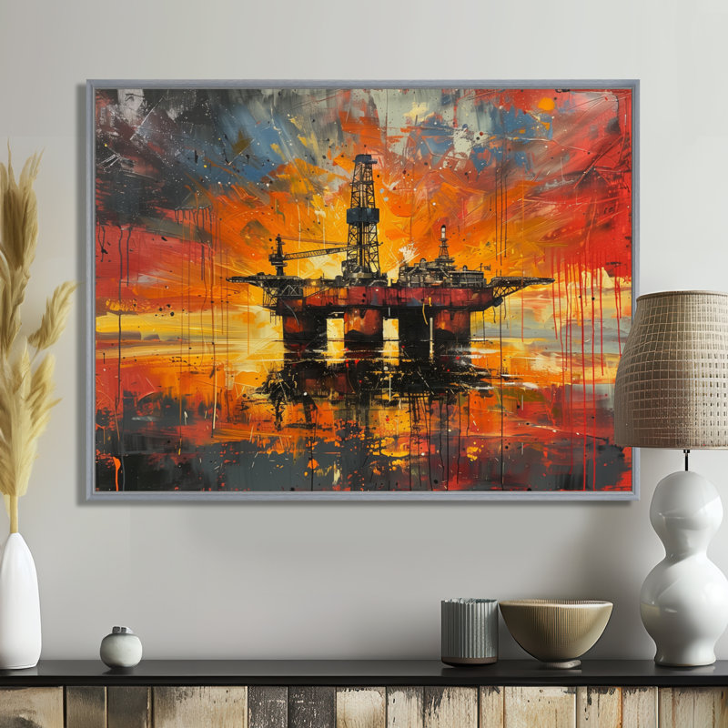 «Orange Orange Oil Rig Ocean Drill» - Art mural, H 24 po x l 32 po x P 1 po, Toile argentée avec cadre flottant