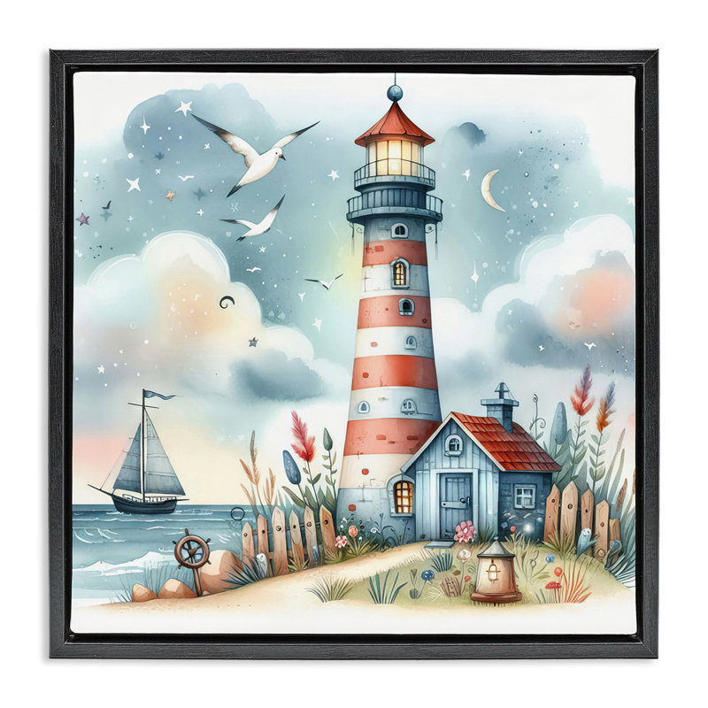  Fun Maritime Lighthouse Floater Canvas Wall Art by LSR Design Studio, Jet Black Floater Frame, 18" H x 18" W