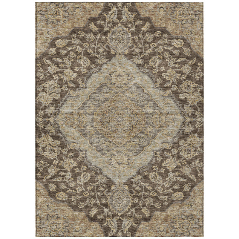 Tapis intérieur / extérieur oriental lavable beige et gris chocolat 3 pi x 5 pi