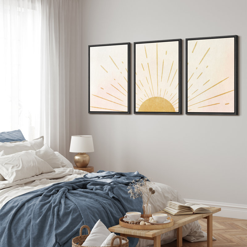 Modern Geometric Yellow Sun Canvas Wall Art Set with Black MDF Frame