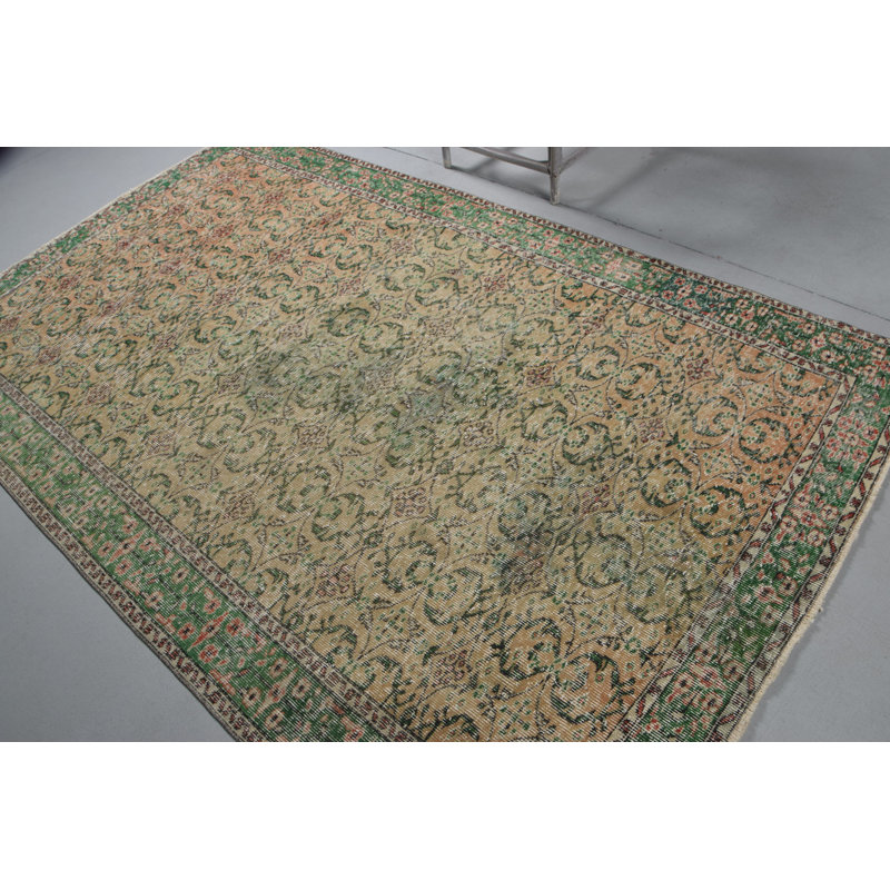 Grand tapis turc Anatolian rétro tissé à la main en vert vibrant pour la chambre à coucher et la salle à manger