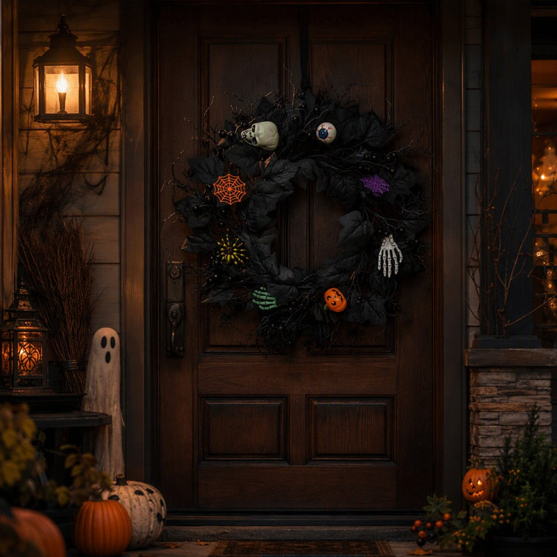 Couronne d'Halloween noire et effrayante, couronne gothique artificielle avec crâne, œil, main de squelette, citrouille et toile d'araignée, décoration de porte d'entrée, mur ou fenêtre pour une fête de maison hantée