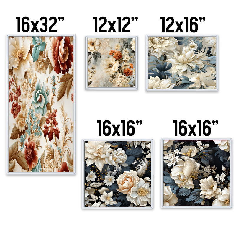 Sybilla - Ensemble de 5 impressions sur toile florales, Cadre flottant blanc