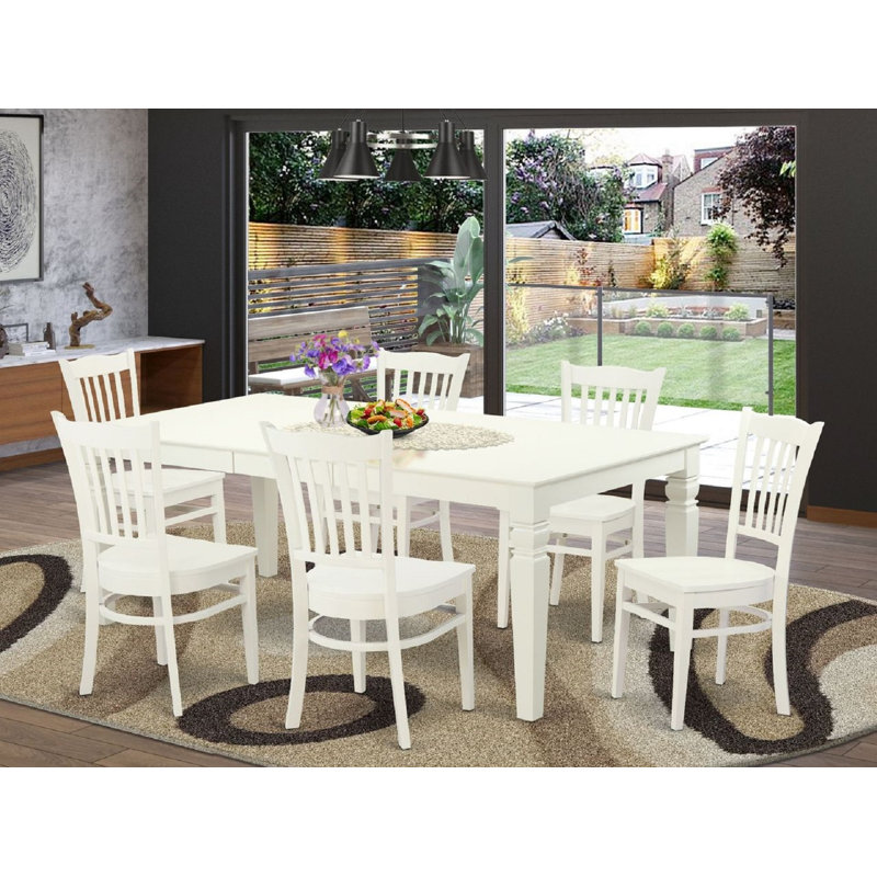 Ensemble de table de salle à manger 7 pièces composé d'une table de salle à manger rectangulaire avec rallonge papillon et 6 chaises en bois, 42 x 84 po, lin blanc