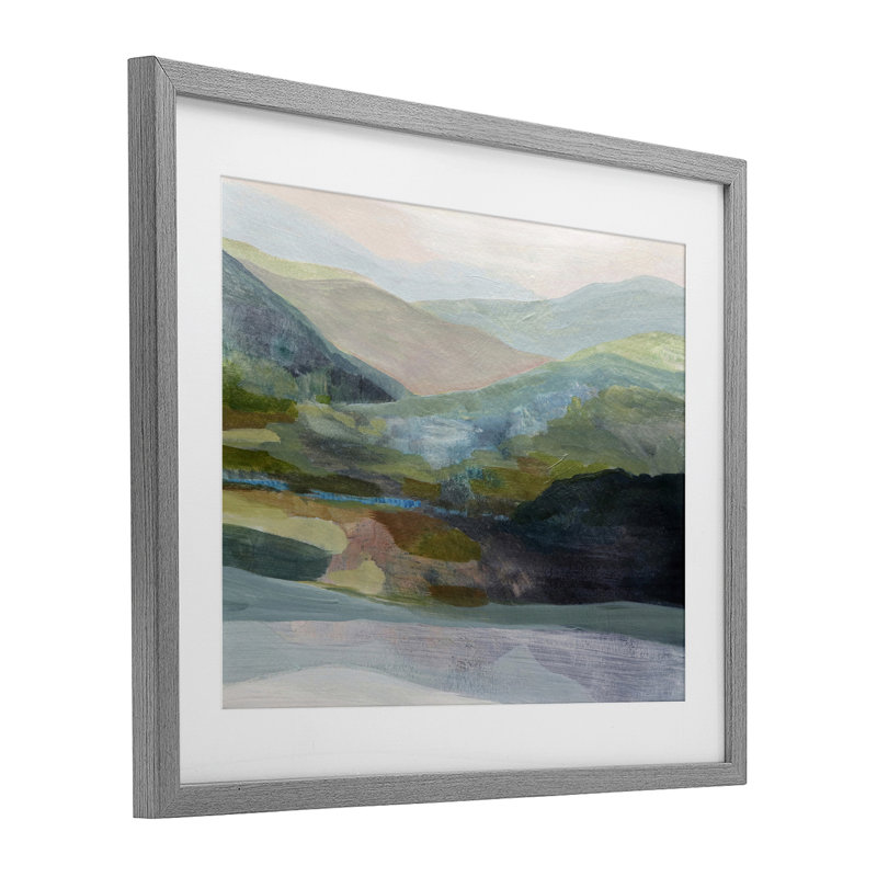 «Misty Morning Mountain», reproduction encadrée sous verre, conception de Farren Lee, H 17 po x l 21 po, Cadre de ferme gris